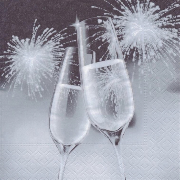 Nytårs servietter 33x33 cm. Champagneglas Sølv