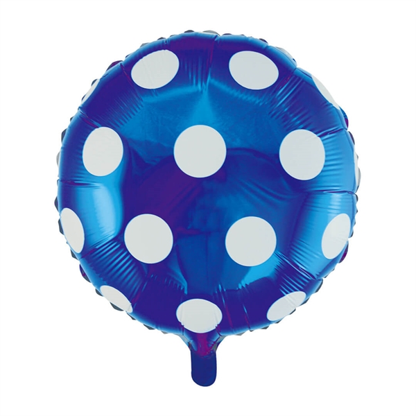 Folieballon rund 45 cm. Blå med hvide prikker