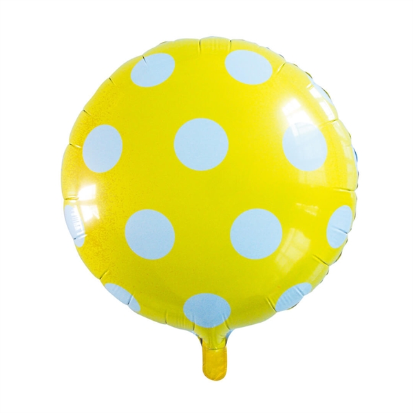 Folieballon rund 45 cm. Gul med hvide prikker