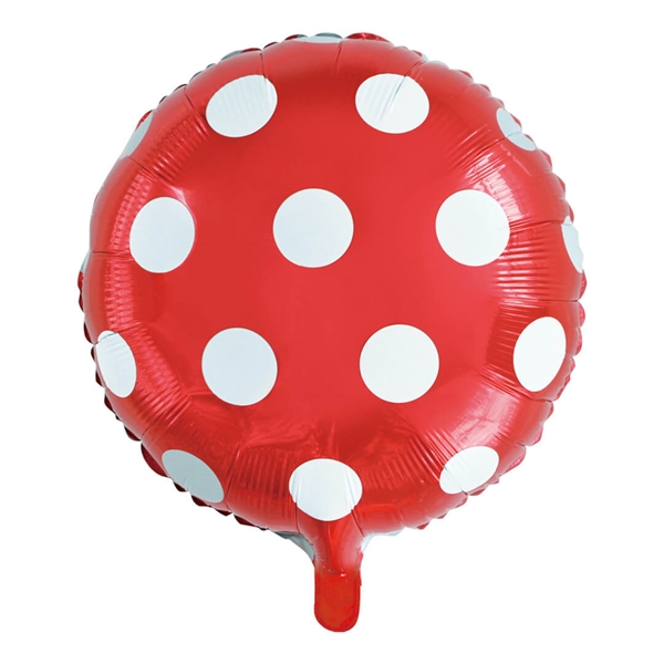 Folieballon rund 45 cm. Rød med hvide prikker