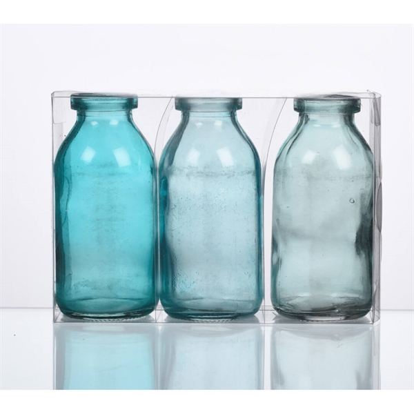 3-pak blå glasflasker 10,5 cm.
