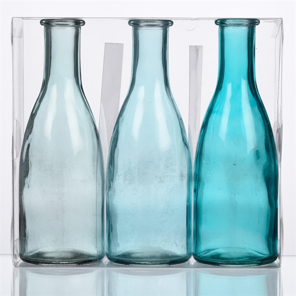 3-pak blå glasflasker 18,5 cm.