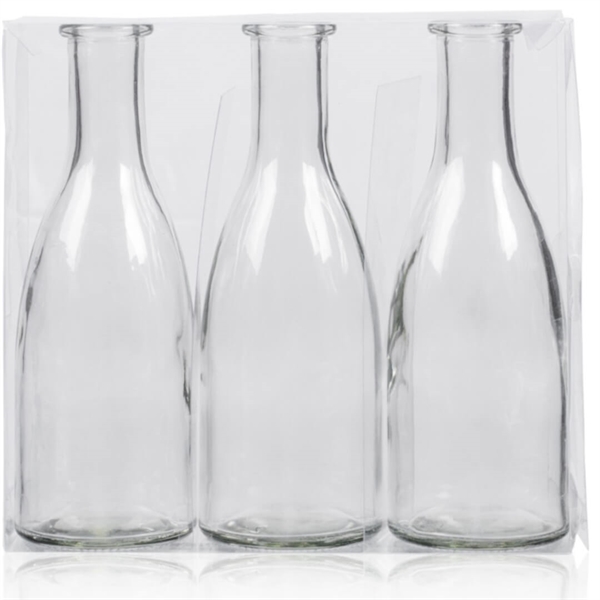 3-pak klare glasflasker 18,5 cm.