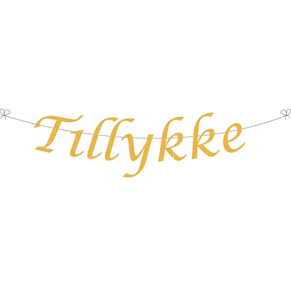 Glitter guirlande "Tillykke" 2,5 m Guld