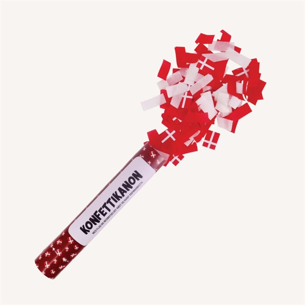 Konfettirør rød med dannebrog og rød/hvid konfetti 30x5 cm. 2 pak