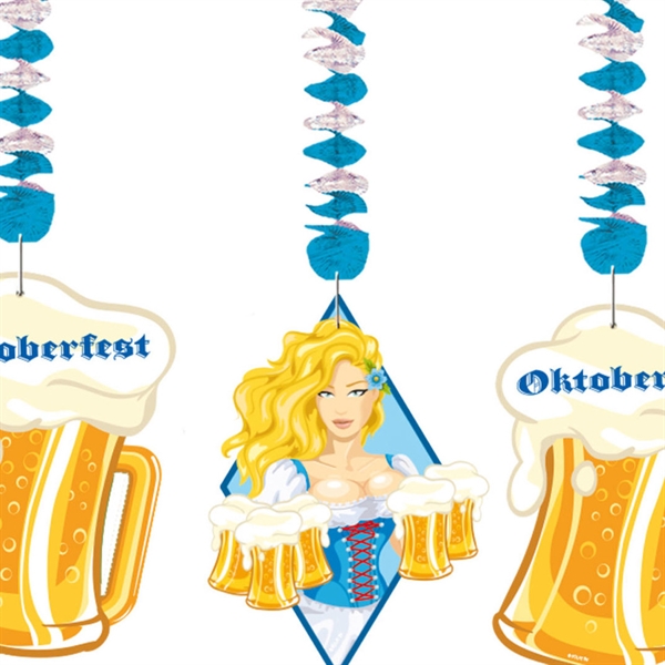 Dekorationsspiral blå/hvid med ølkrus og oktoberfestpiger 3 stk